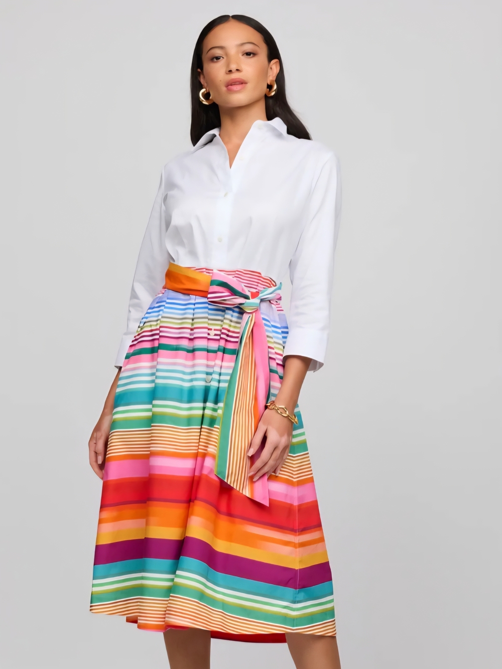 Robin Hinson Multicolor Striped Midi Dress with Waist Tie